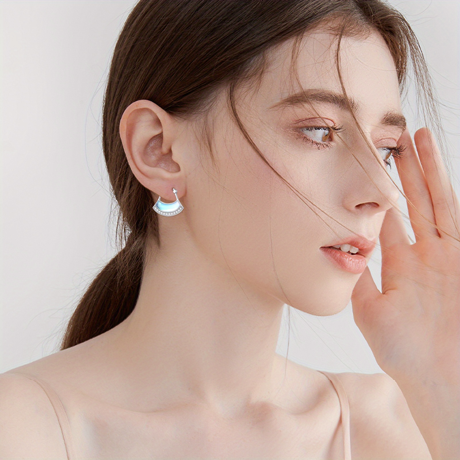 Women's Moonstone Hoop Earrings, Fan-Shaped